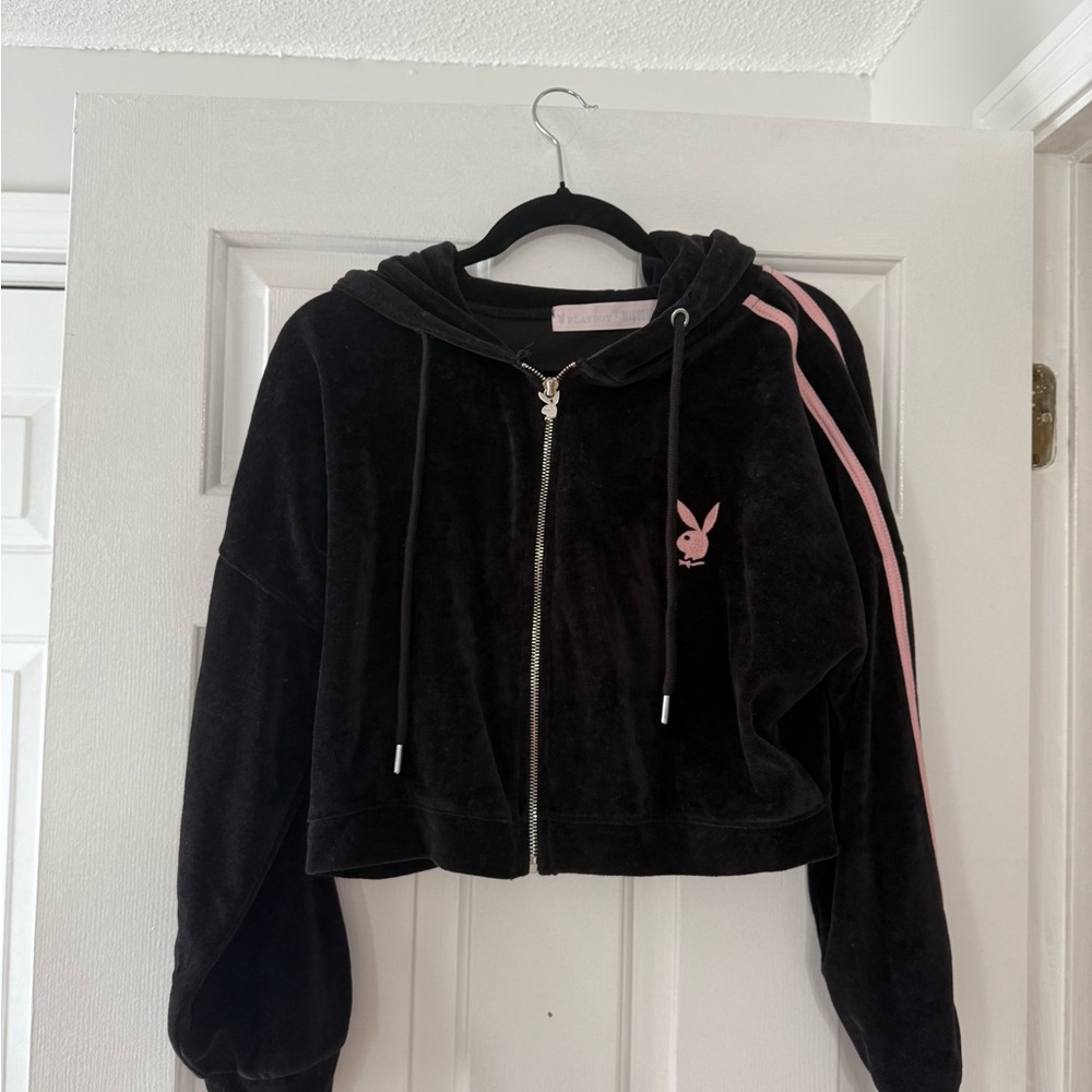 PLAYBOY Black Velour Zip Hoodie with Pink Bunny & pink Stripe sleeves